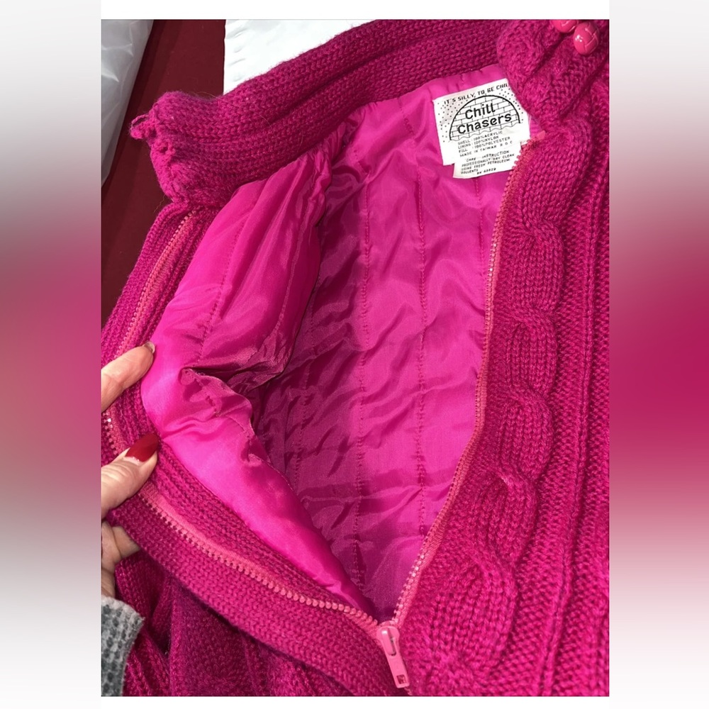 Barbie sweater jacket Chill chasers HOT PINK knit puff sleeves Zip up QUILTED M - Picture 12 of 14